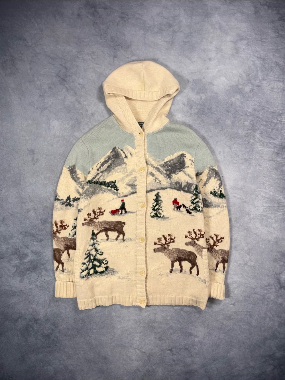 Vintage Ralph Lauren 90s Hand Knit Ski Christmas Outdoor Hooded Wool Sweater